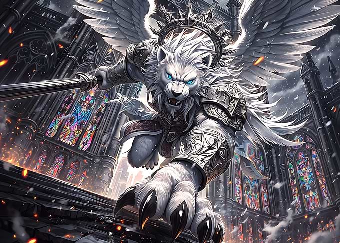 Winged Lion Warrior in Gothic Cathedral