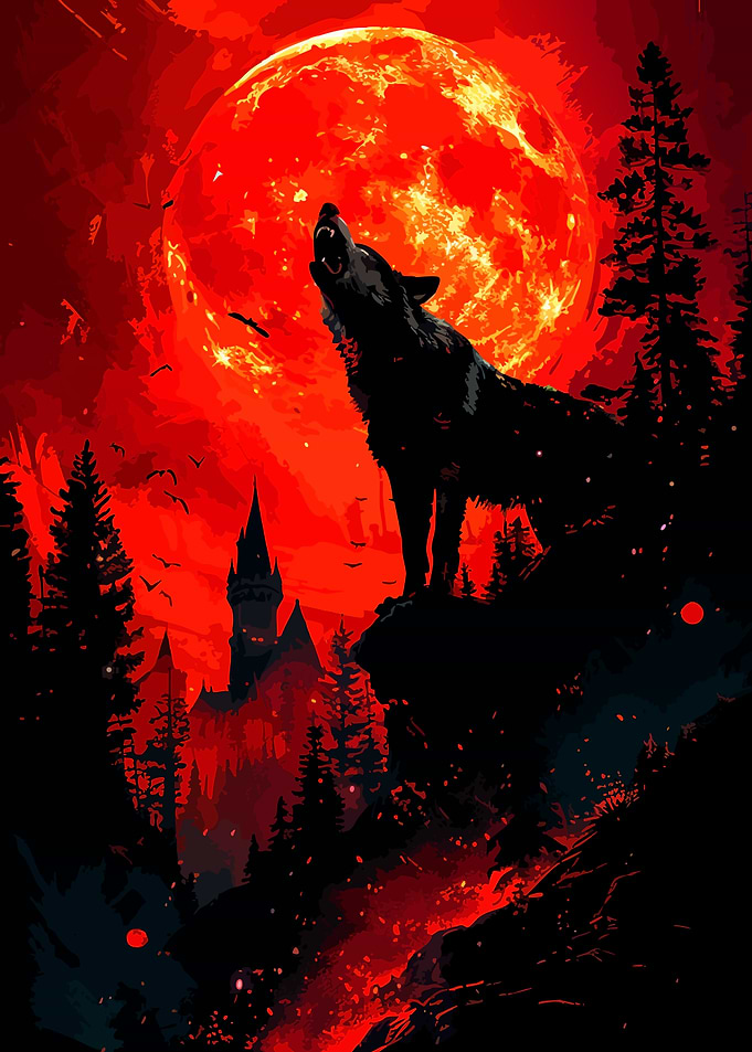 Wolf Howling at Red Moon