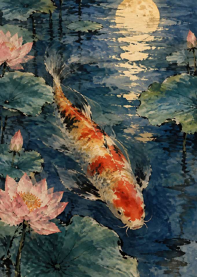 Koi Fish Swimming Under Moonlight