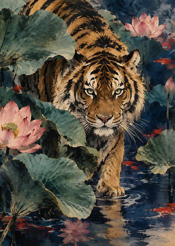 Tiger Stalking Through Lotus Pond