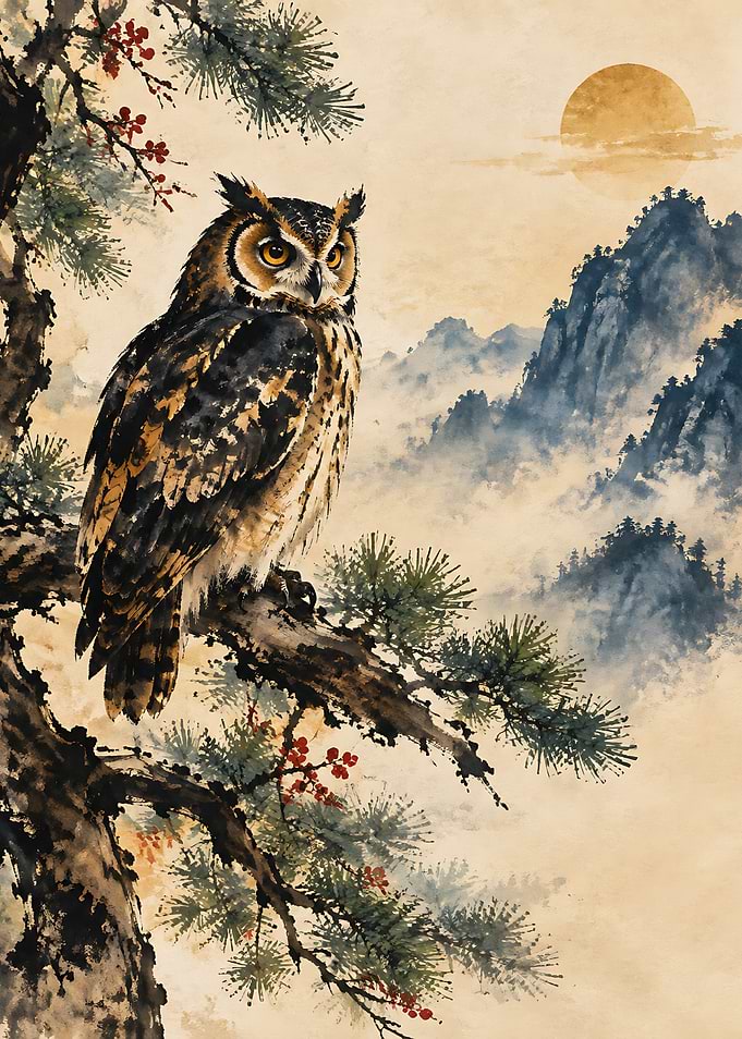 Great Horned Owl in Traditional Ink Wash