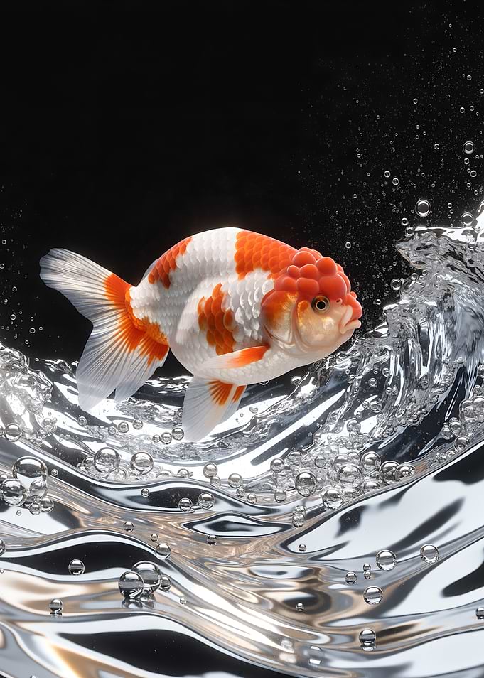 Ranchu Goldfish in Silver Waves