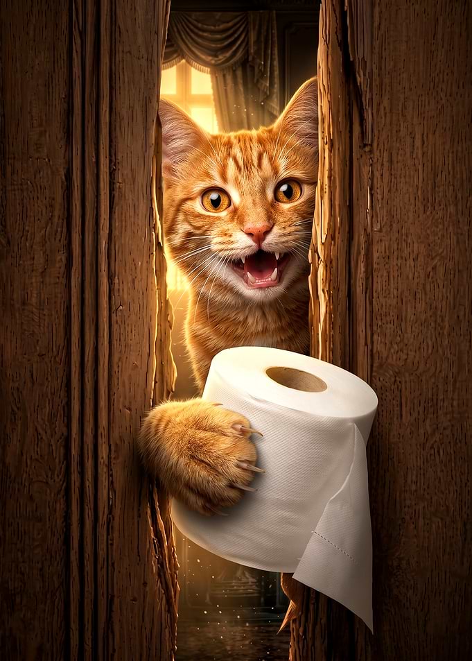 Funny Ginger Cat with Toilet Paper