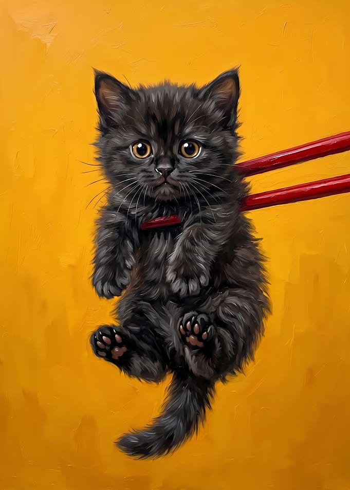 Cute Black Kitten Held by Chopsticks