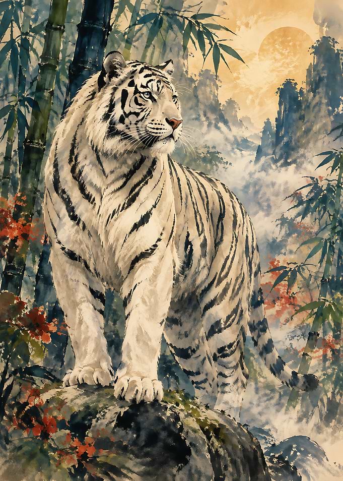 Majestic White Tiger in Bamboo Forest