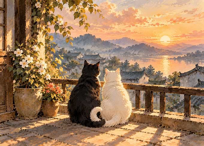 Two Cats Watching a Sunset