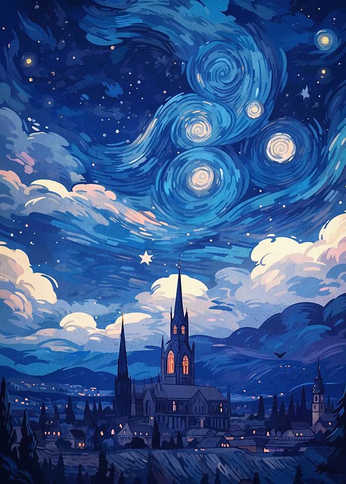 Starry Night Church Town Art