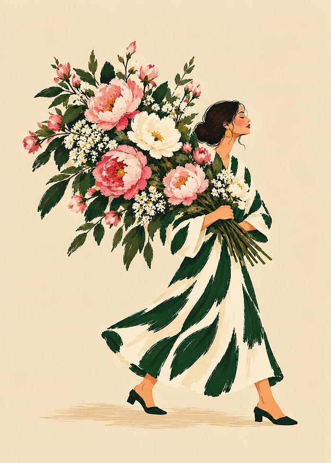 Woman with Flowers Wall Art – Vintage Peony Bouquet Poster