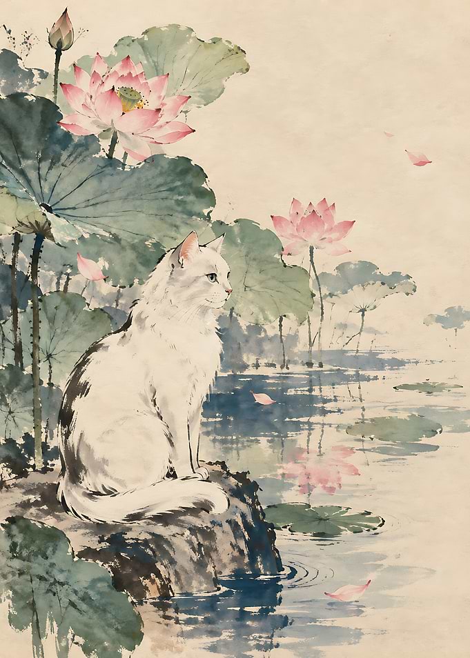 White Cat by Lotus Pond