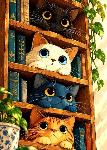Four Cute Cats on Bookshelf
