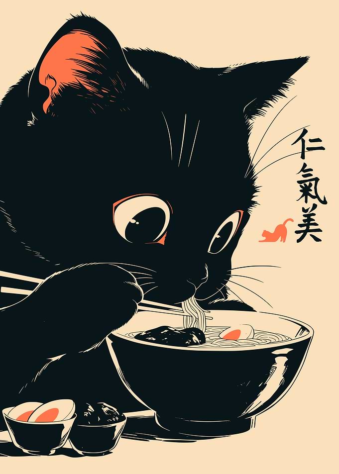 Black Cat Eating Ramen Noodles Japanese
