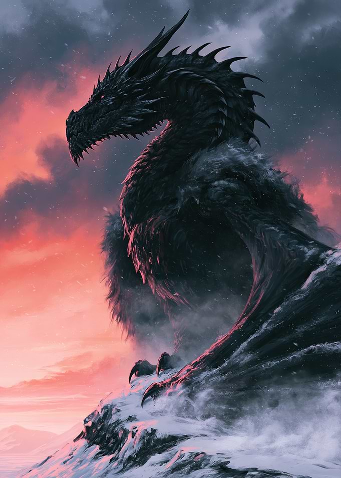 Majestic Black Dragon in Snowy Mountains