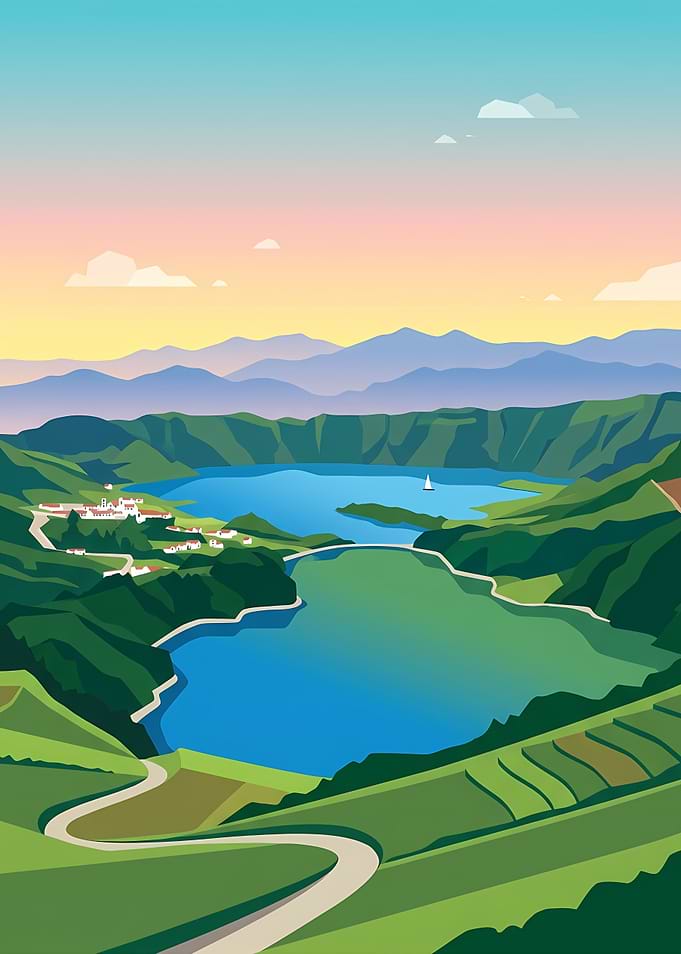 Sete Cidades Lake Landscape Illustration
