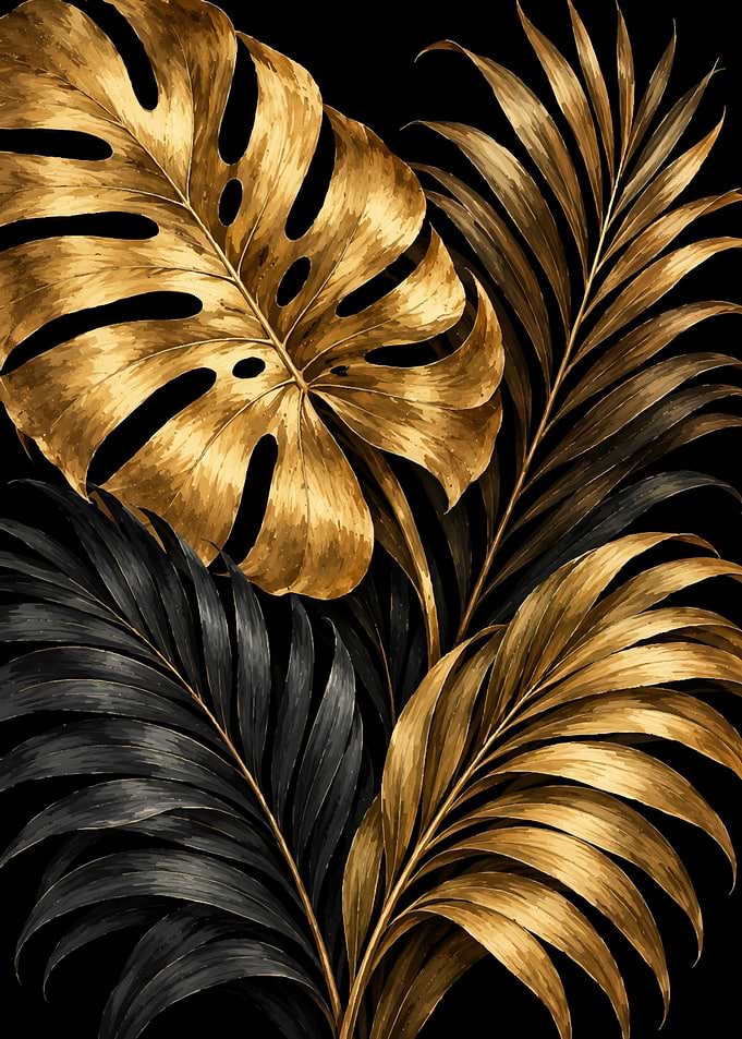 Elegant Gold and Black Tropical Leaves