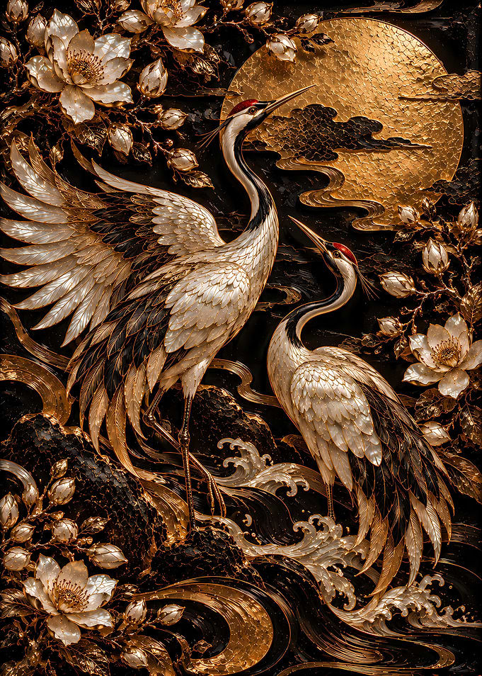 Golden Cranes and Lotus Art