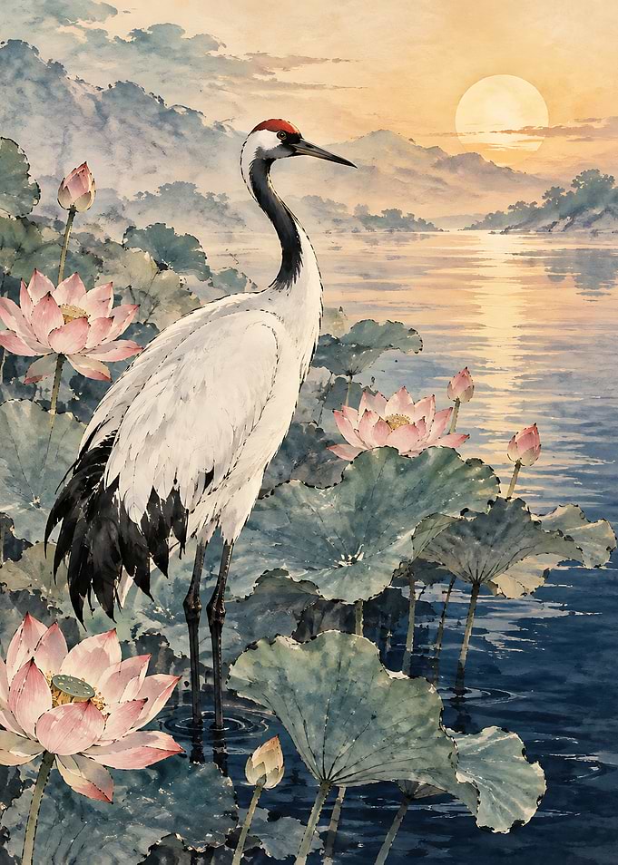 Red-Crowned Crane Among Lotus Flowers