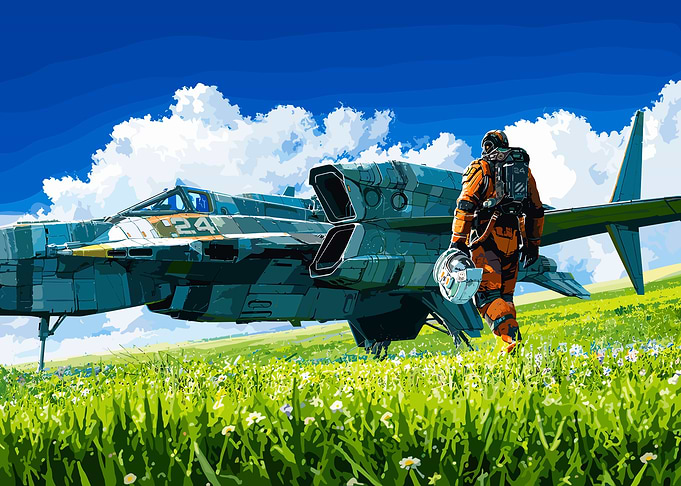 Astronaut Walking Toward Sci-Fi Aircraft