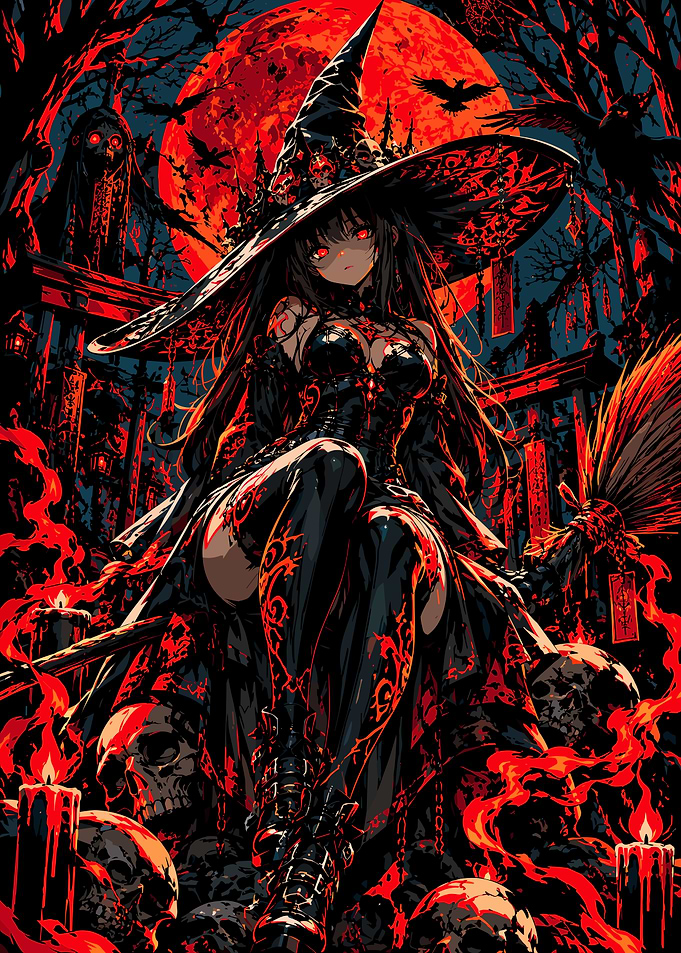 Dark Anime Witch with Red Moon