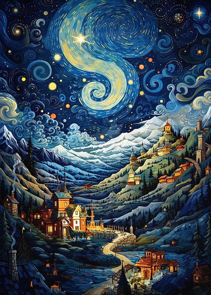 Starry Night Fantasy Village Poster