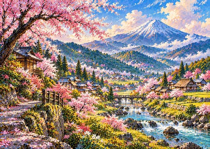Mount Fuji and Cherry Blossom Village