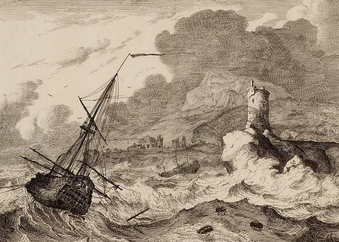Shipwreck Near a Coastal Tower