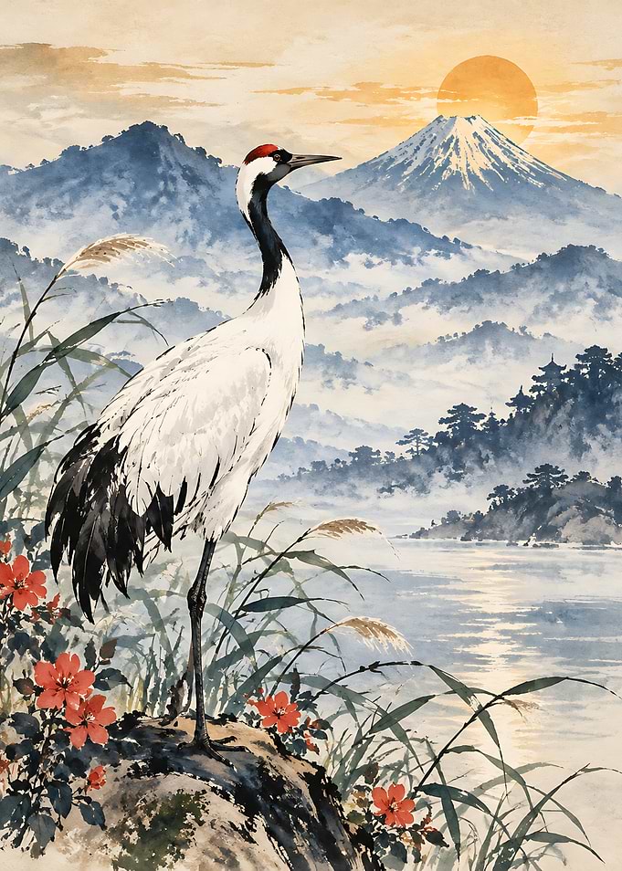 Red-Crowned Crane at Mount Fuji