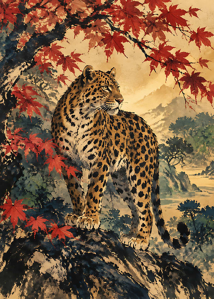 Leopard Under Red Maple Leaves