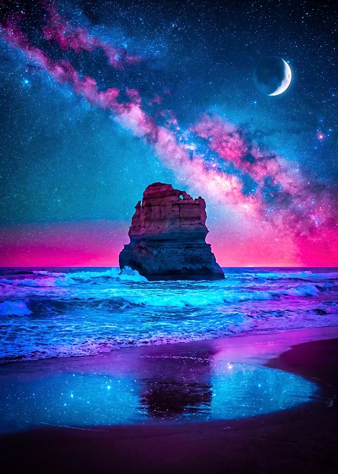 Neon Milky Way Over Sea Stack