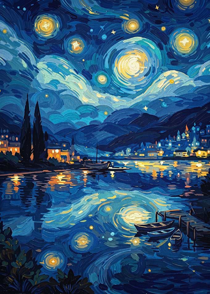 Starry Night Lake Painting Art