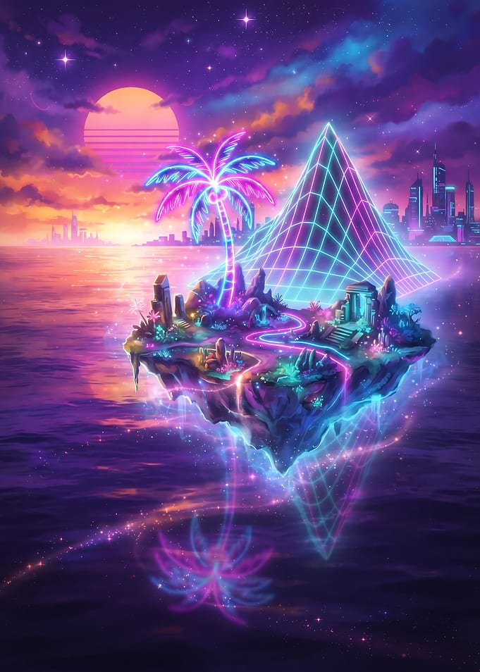 Neon Synthwave Floating Island