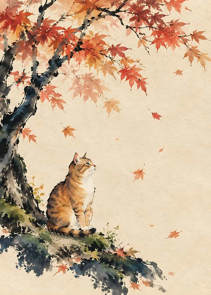 Tabby Cat Under Autumn Maple Tree