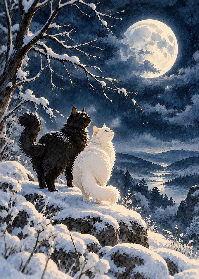 Black and White Cats Under Moonlight