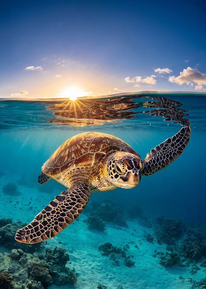 Sea Turtle Swimming at Sunset
