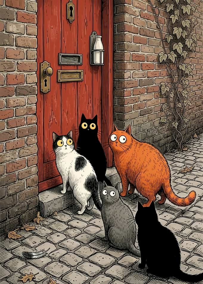 Five Cats Waiting at Red Door