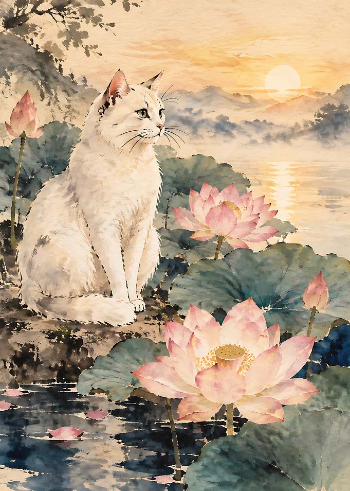 White Cat Among Lotus Flowers