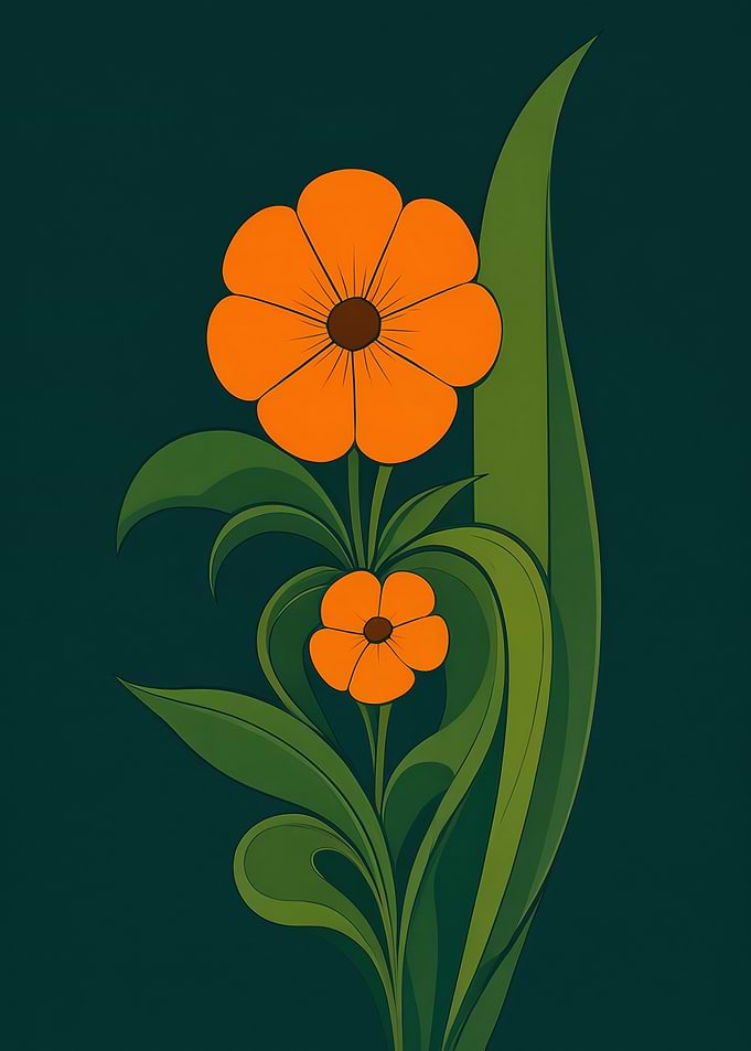 Stylized Orange Flowers on Dark Green