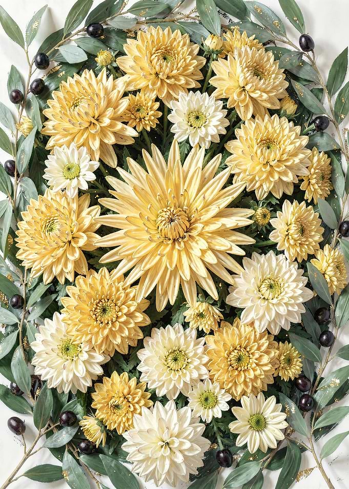 Golden Chrysanthemum Among Olive Branches
