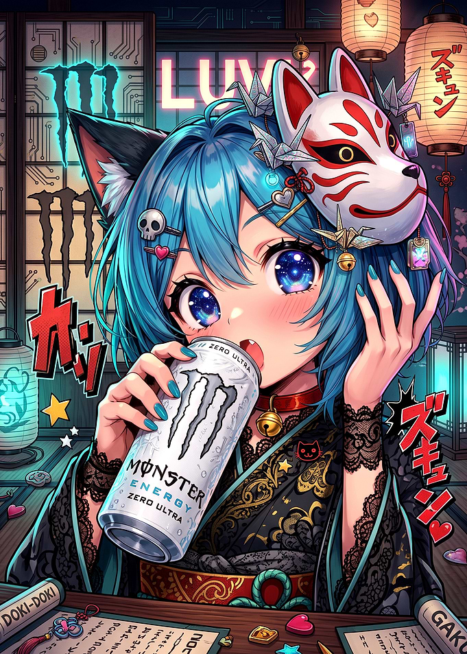 Anime Girl Drinking Monster Energy
