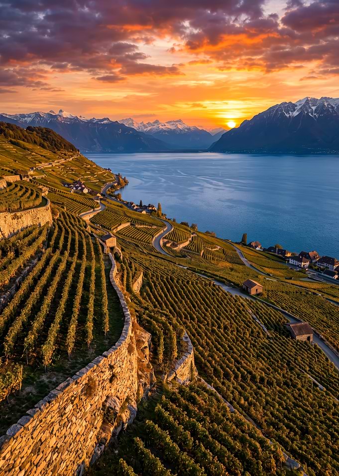 Lavaux Vineyards Sunset Over Lake Geneva