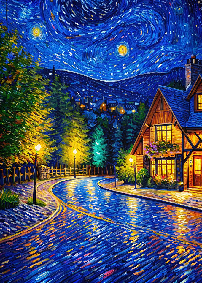 Starry Night Cottage Oil Poster