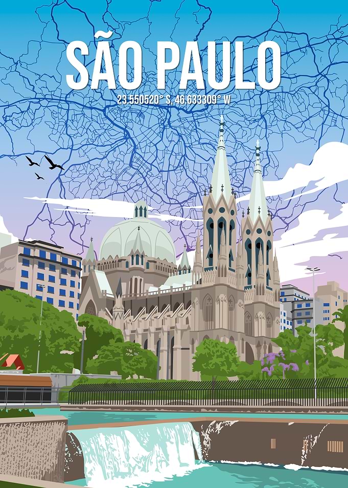 São Paulo Cathedral City Map Travel Poster