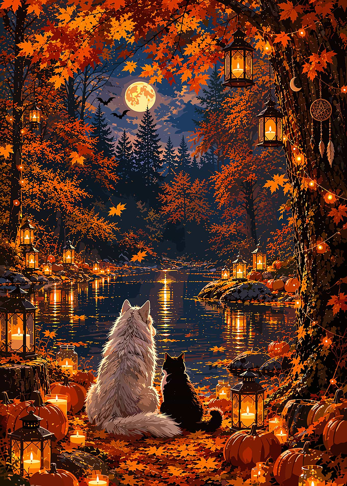 Cat and Dog Watching Autumn Lake