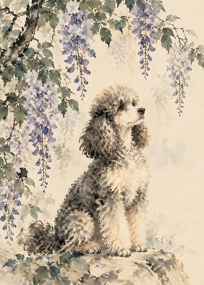 Watercolor Poodle Under Wisteria Flowers
