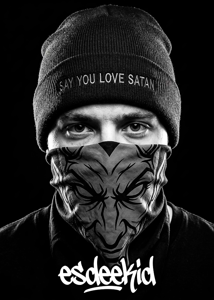 Edgy Portrait with Demon Mask Beanie