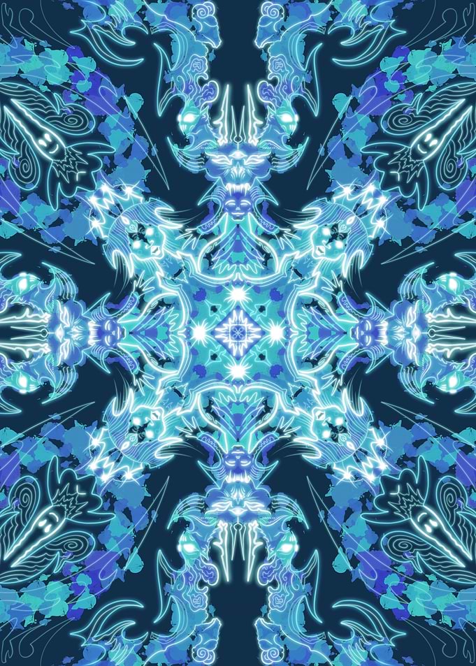 Neon Blue Fantasy Kaleidoscope Pattern