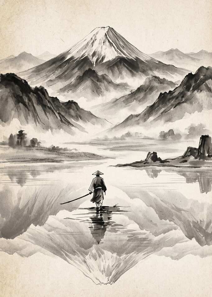 Samurai Mountain Ink Art Poster