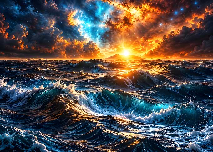 Ethereal Ocean Sunset and Starry Sky