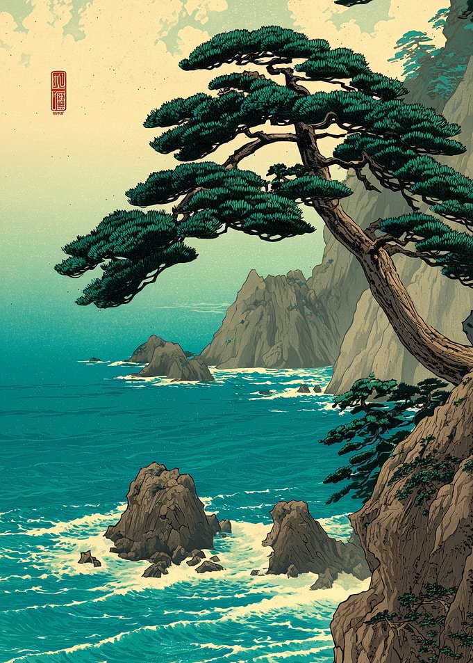 Ukiyo-e Style Coastal Pine Tree