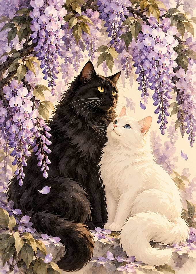 Black and White Cats Under Wisteria