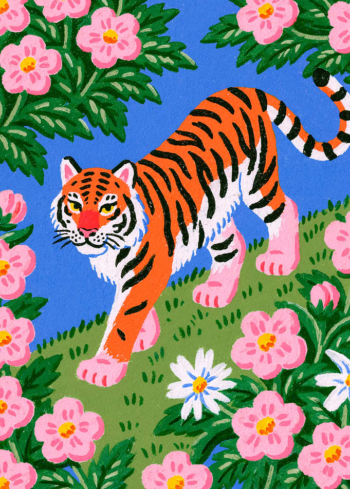 Tiger Walking Through Floral Garden